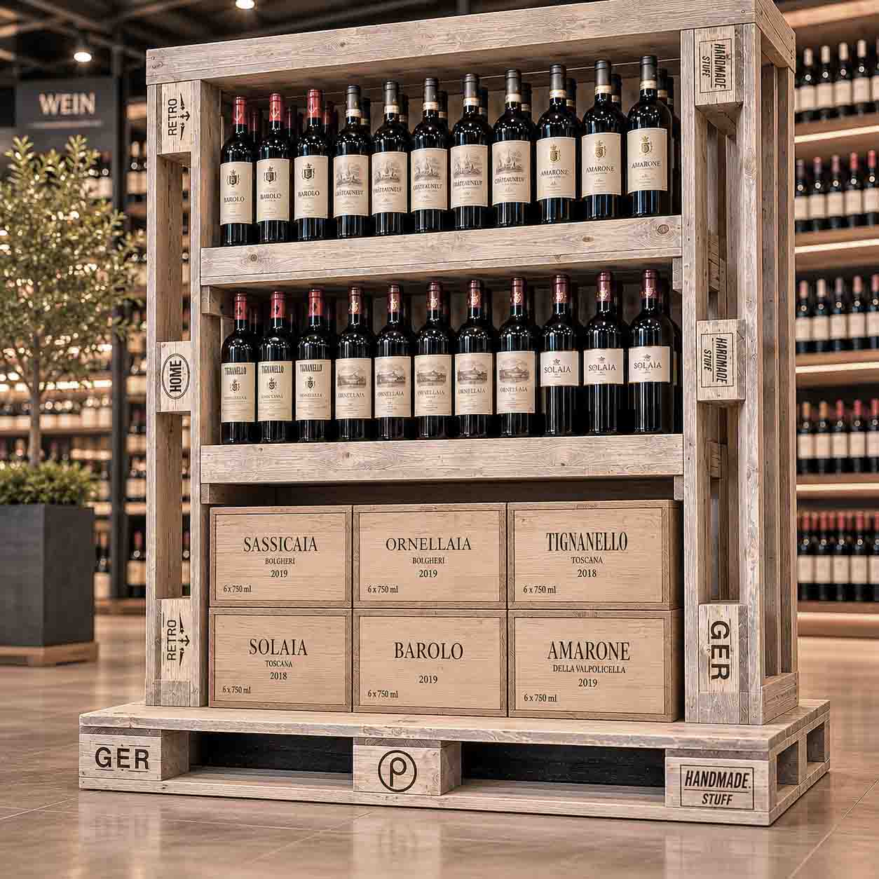 Palettenmöbel:  Weinregal, Verkaufs Display "BARDOLINO