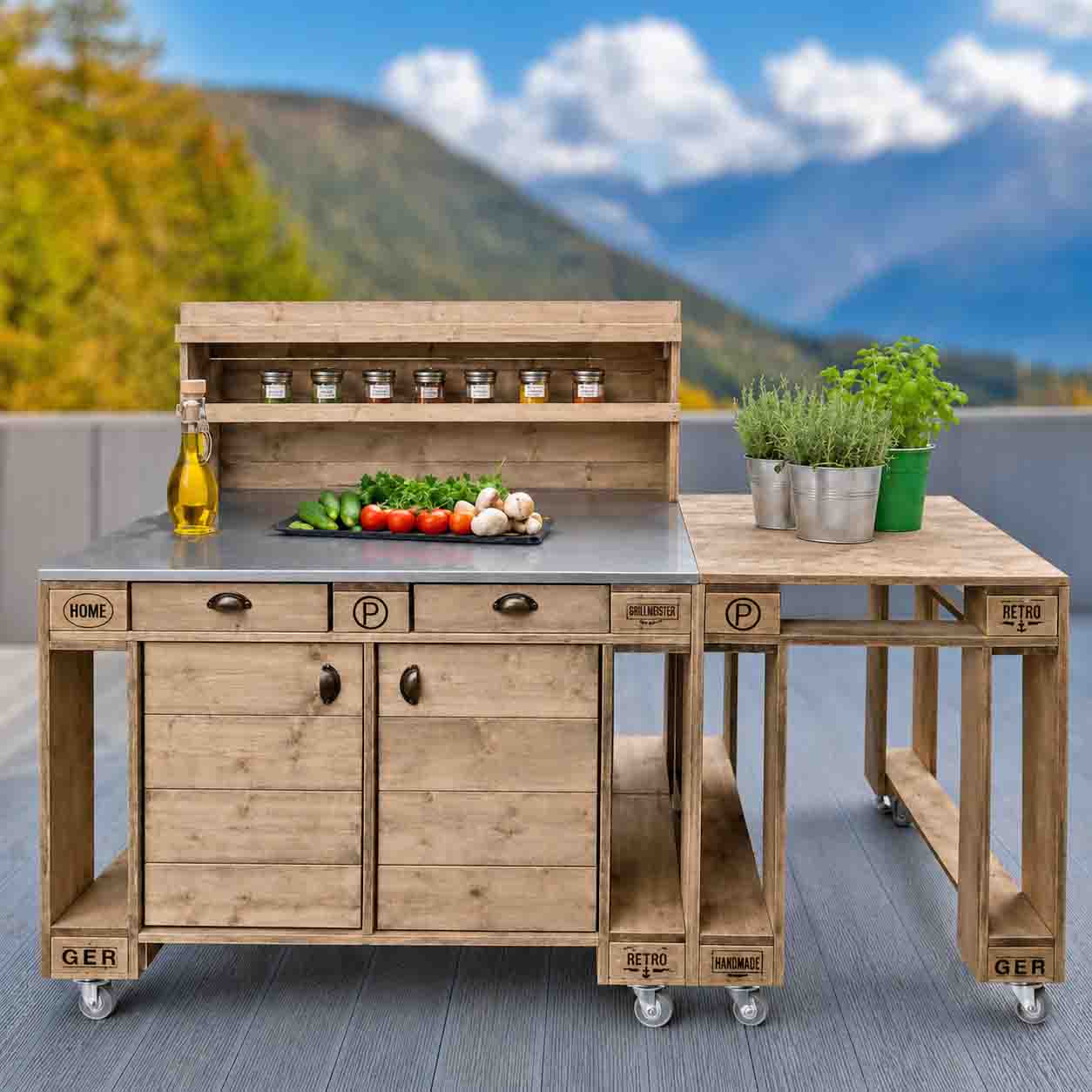 Palettenmöbel Style: Outdoorküche - Grilltisch - BBQ Möbel - Grillstation "PERTHONE-P7"