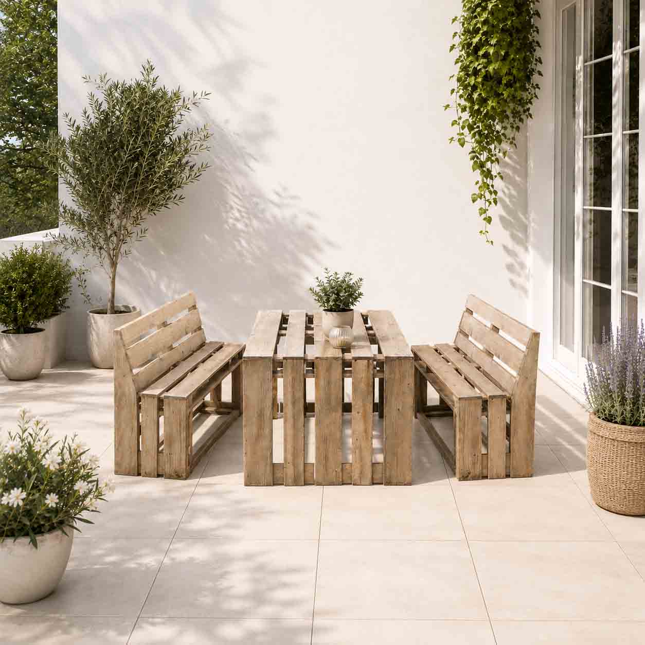 Palettenmöbel: Esstisch Garnitur / Lounge-/ Garten Garnitur "PIOMBINO"