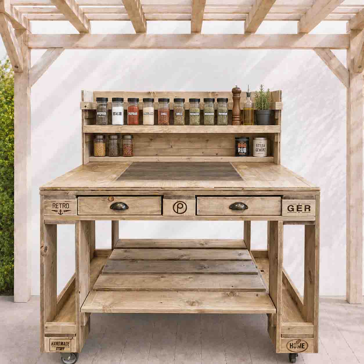 Palettenmöbel Style: Outdoorküche - Grilltisch - BBQ Möbel - Grillstation  "PERTHONE-P19"