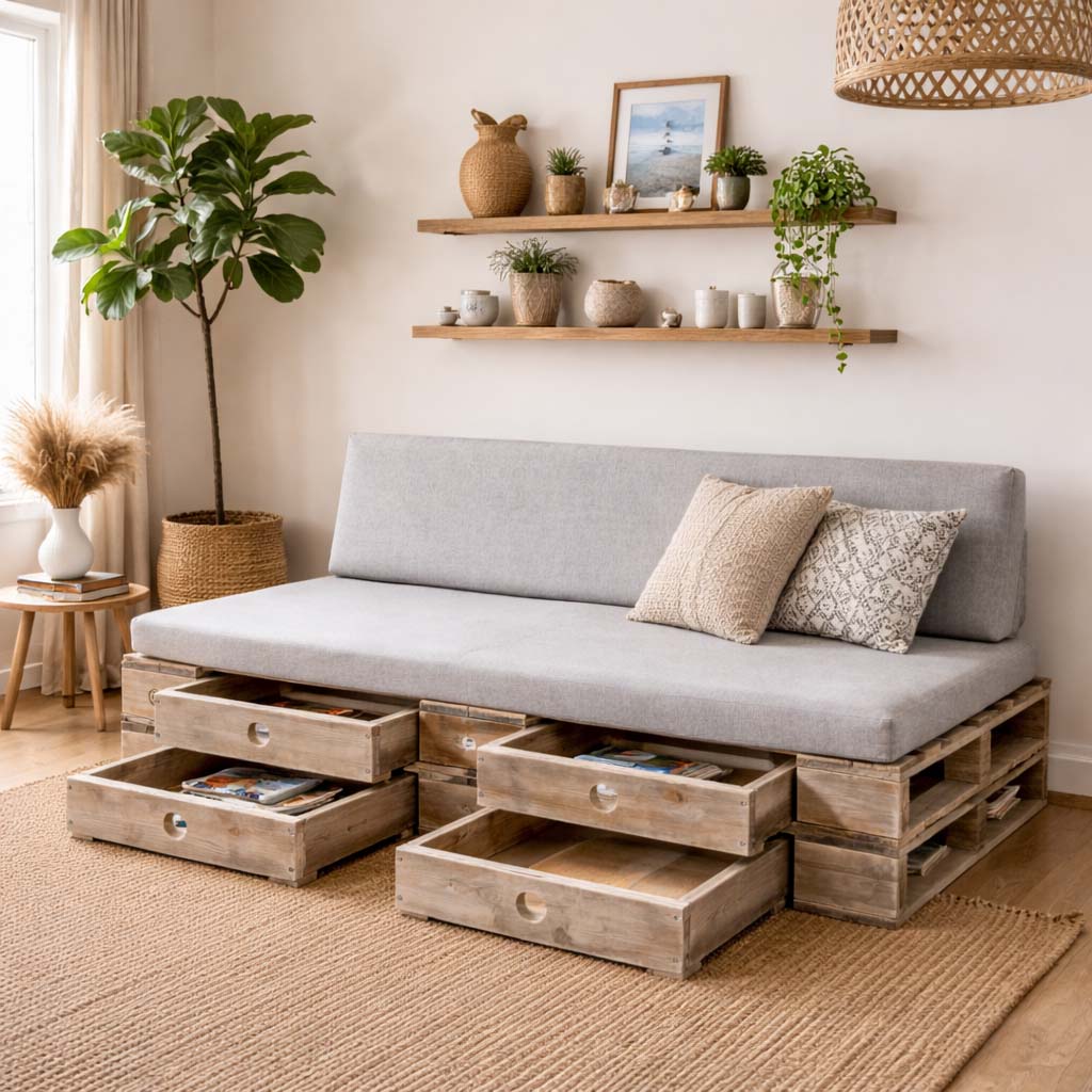 Palettenmöbel: Paletten Sofa, Lounge-Sofa mit Schubladen "PERTHONE  S-L"