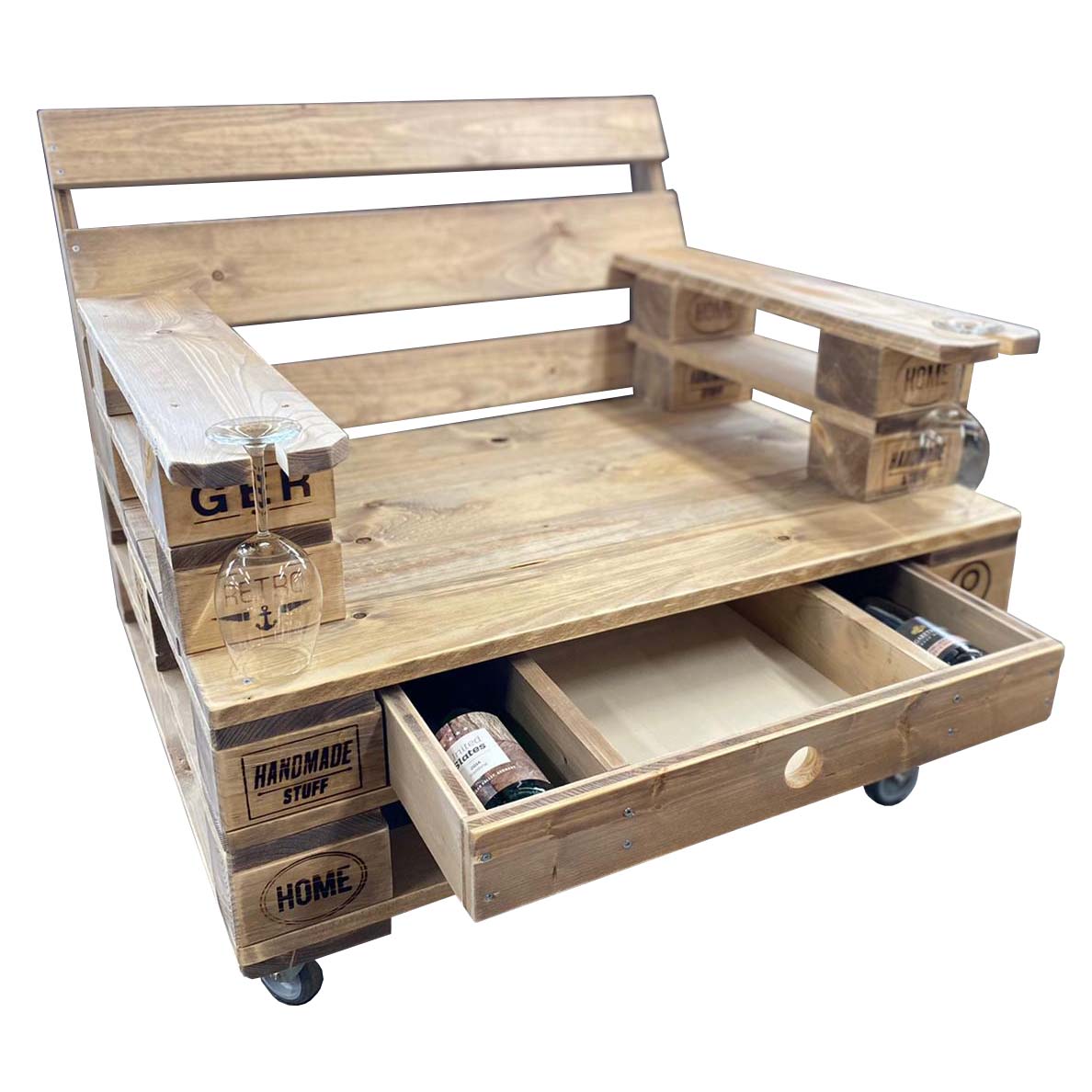Palettenmöbel Lounge-Sessel "EL TRONO" mit Schubfach Palettenmöbel Lounge-Sessel "EL TRONO" mit Schubfach